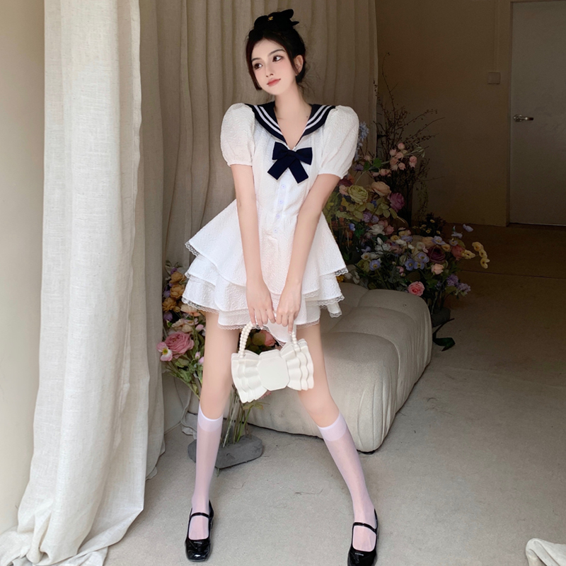 Japanese Style Dress Women Sweet Sailor Collar Short Puff Sleeve Dress Lolita Tie Vintage Palace JK Tulle Cake Party